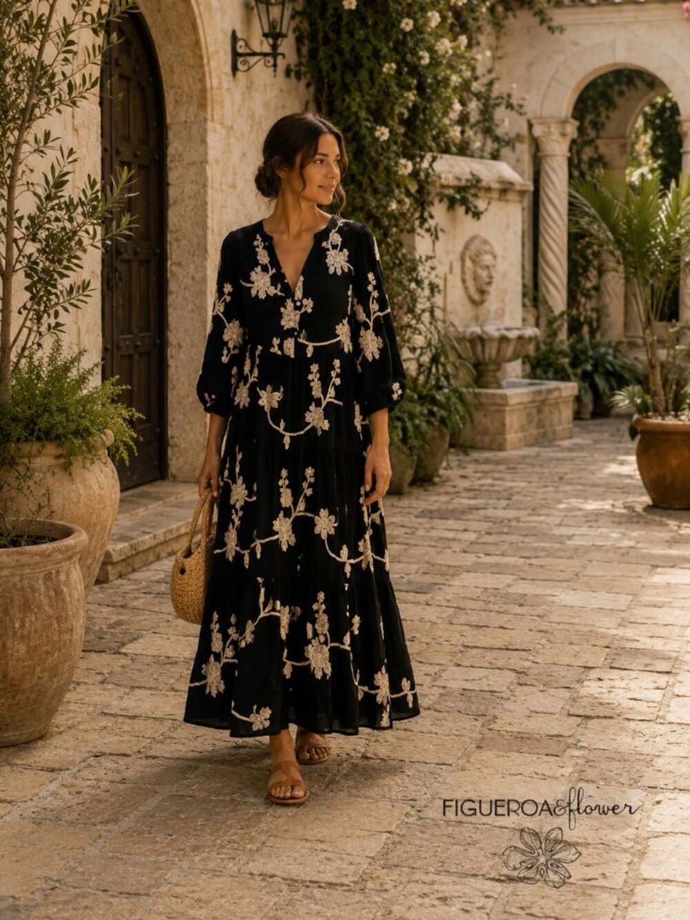 Figueroa & Flower L Black Embroidered Floral Boho Tiered Maxi Dress